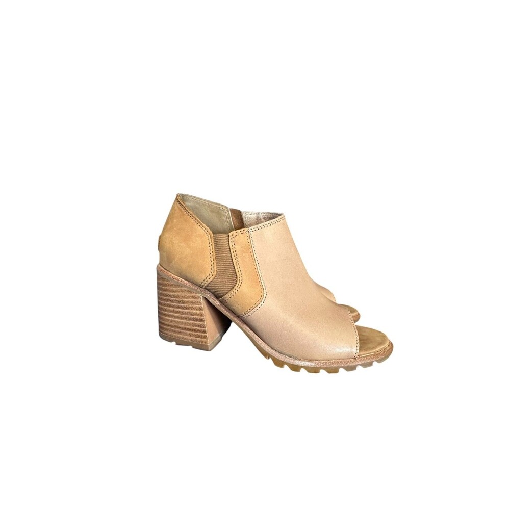 Sorel Nadia Zip Beige Peep Toe Chunky Block Wedge Heel Ankle Bootie Sandal 6M